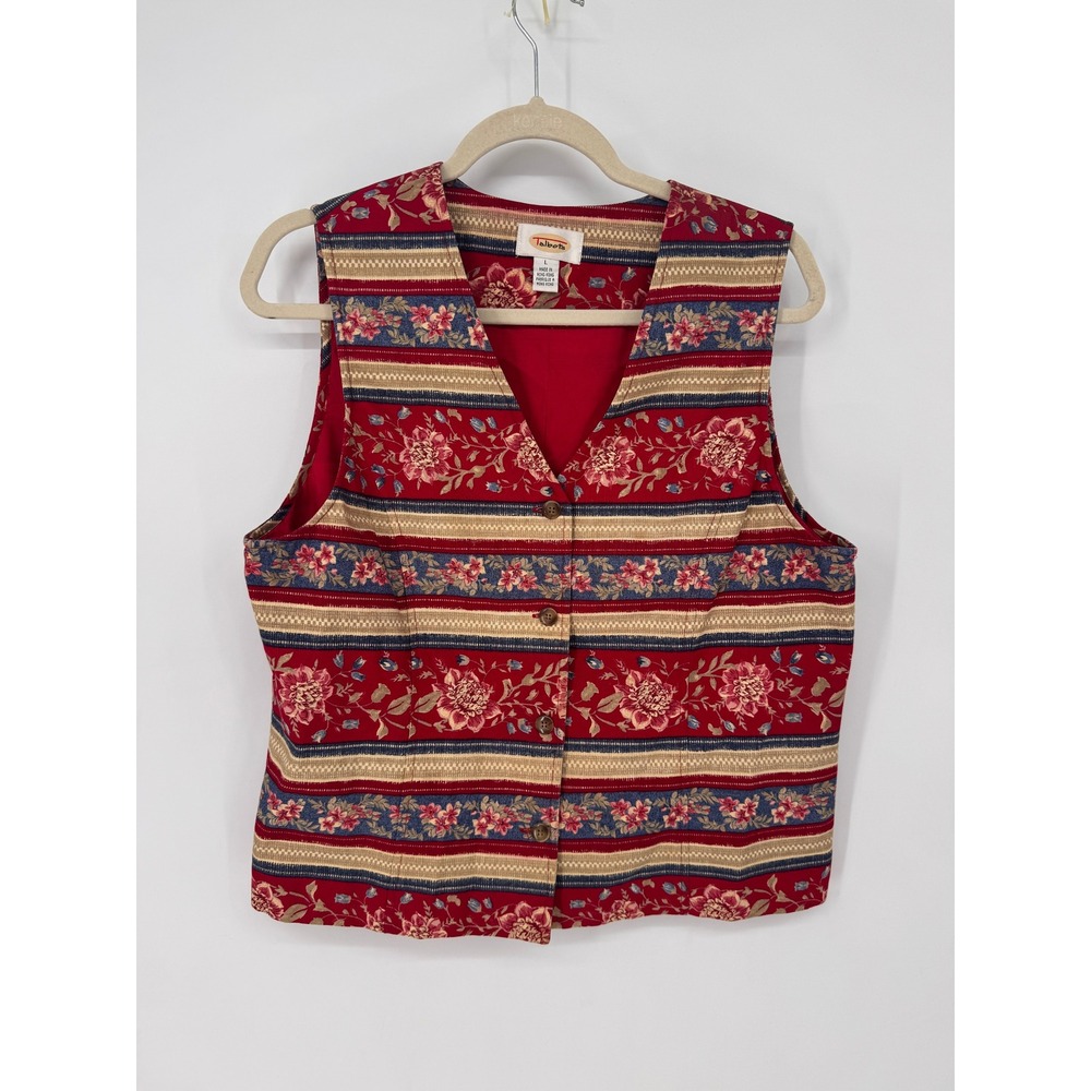Vintage Talbots Vest Womens L Red Floral Striped Cotton Tapestry Style V-Neck